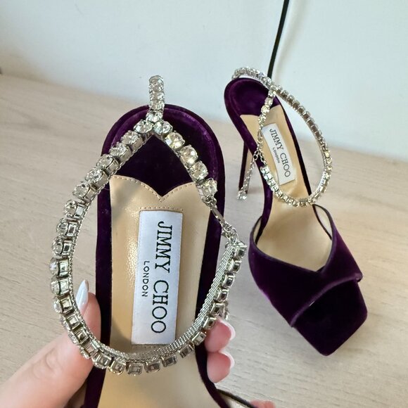 Jimmy Choo Saeda 100 Sandals Dark Purple Velvet Crystal Strap Square Toe Sz 40 - Picture 2 of 10